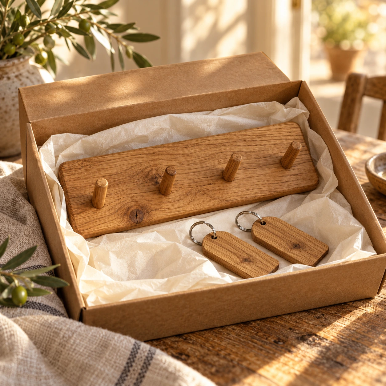 Open geschenkdoos met eiken sleutelrek en twee sleutelhangers