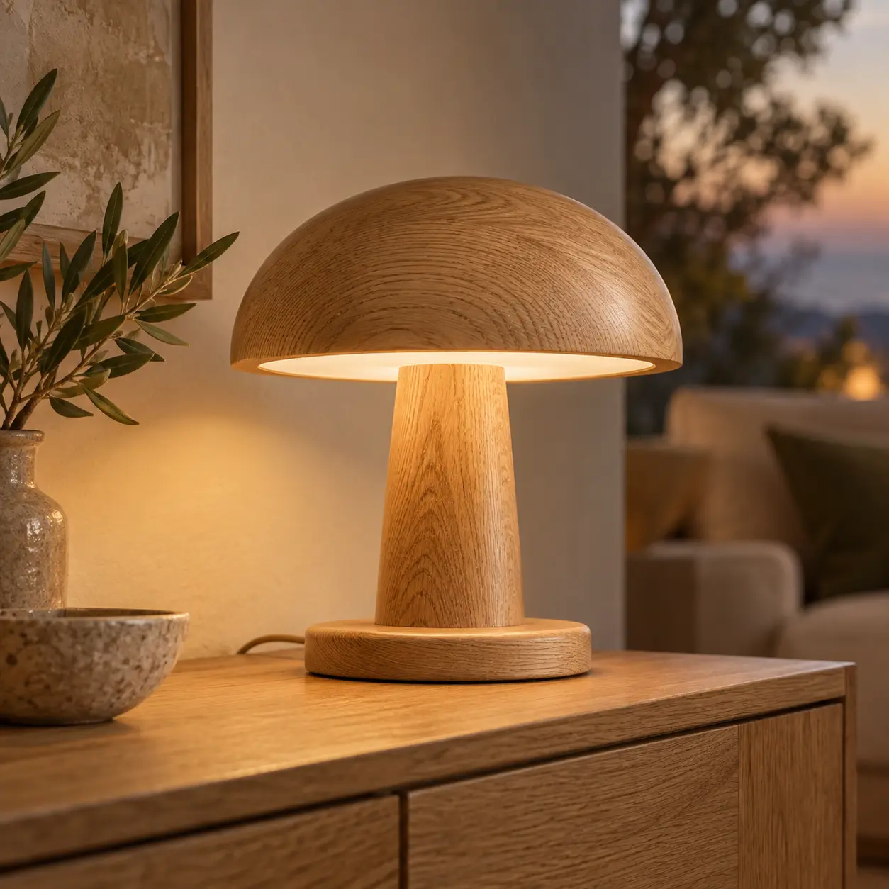 Paddenstoelvormige LED-tafellamp van eikenhout op een eiken dressoir