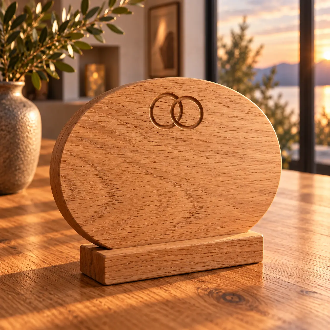 Ovaal jubileumbord van eikenhout met ringmotief op een houten voet