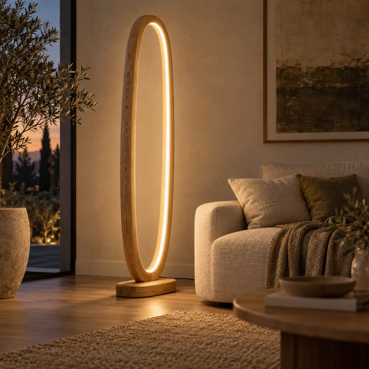 Ovale LED-vloerlamp van eikenhout naast een bank in een woonkamer