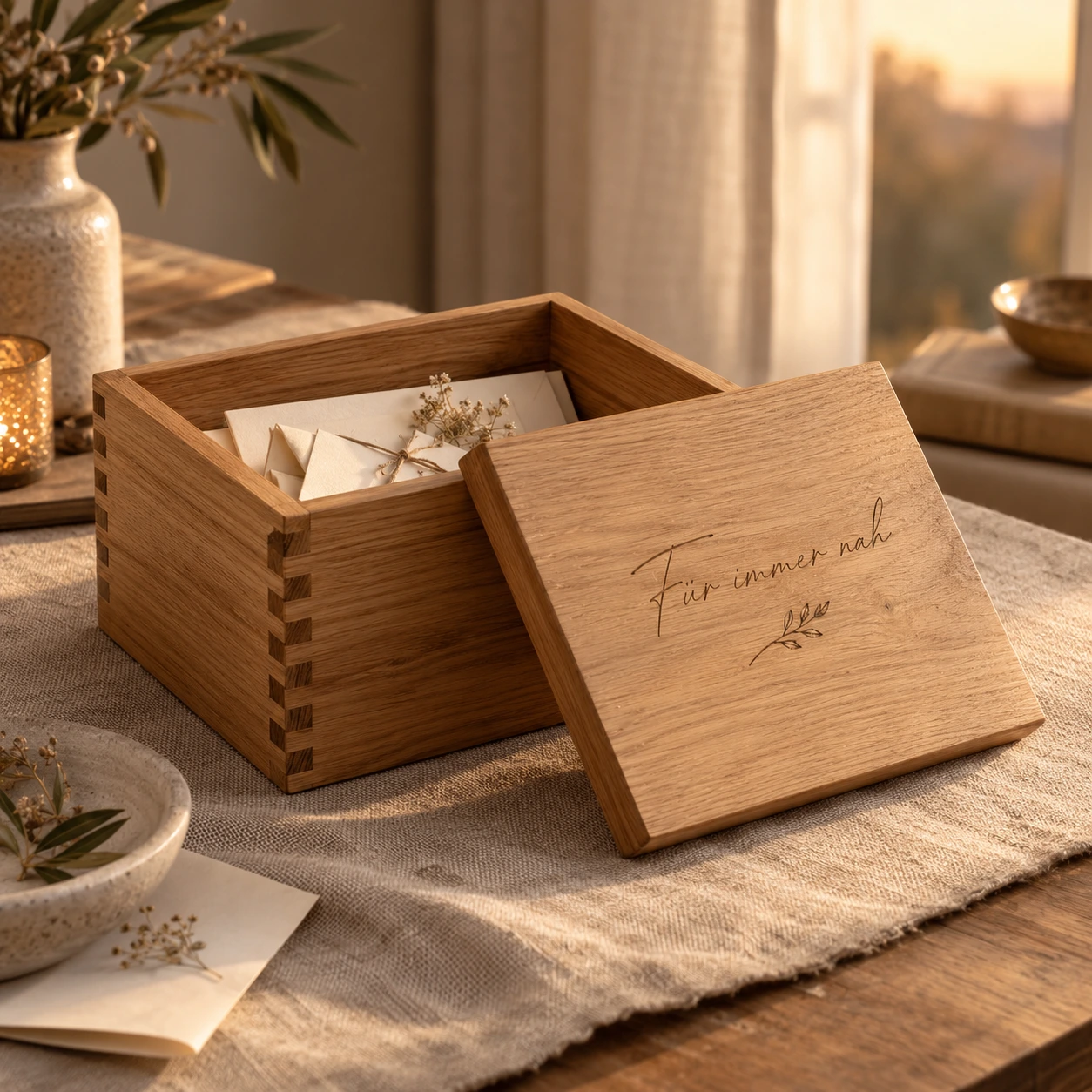 Open eiken herinneringenbox met brieven en een deksel met de gravure Für immer nah