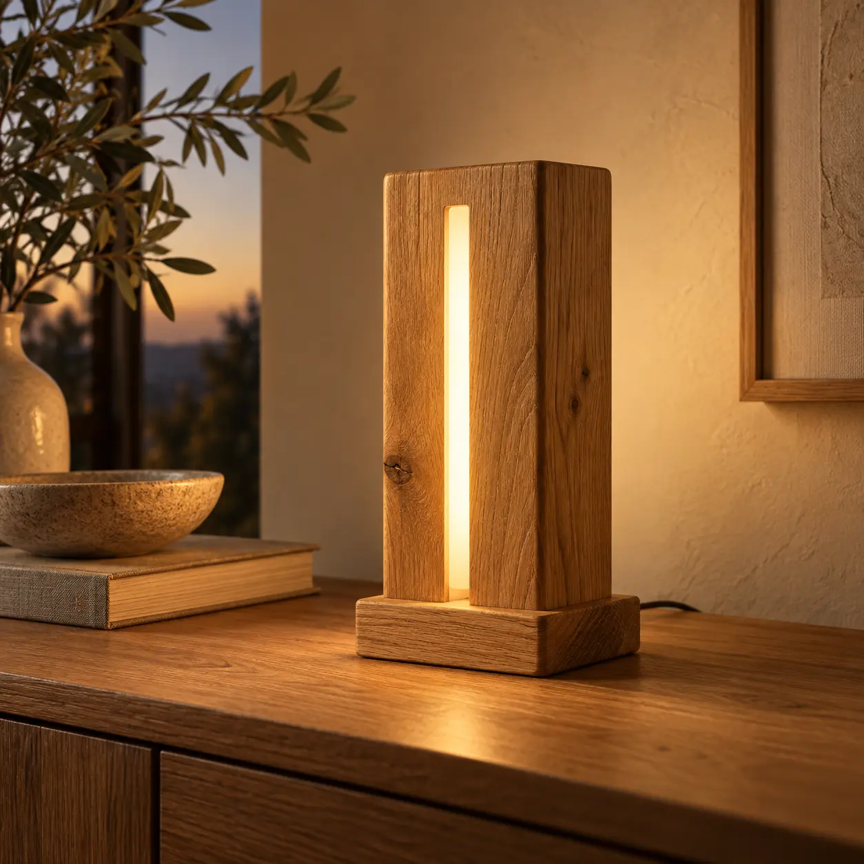 LED-tafellamp als eiken blok op een eiken dressoir