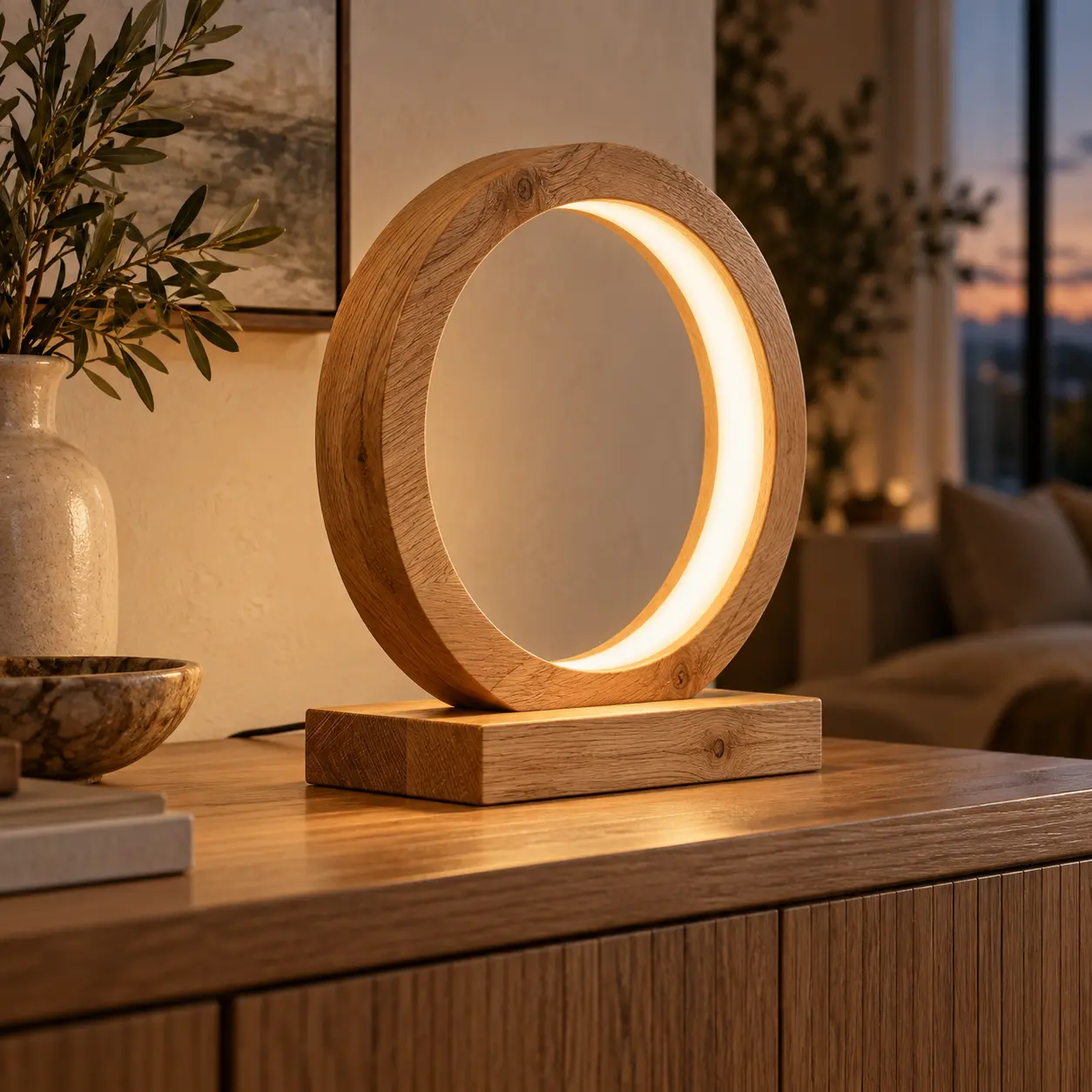 Ronde LED-tafellamp van eikenhout op een eiken dressoir
