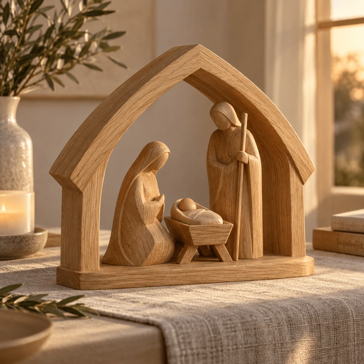 Ingetogen eiken kerststal met drie figuren onder een houten dak