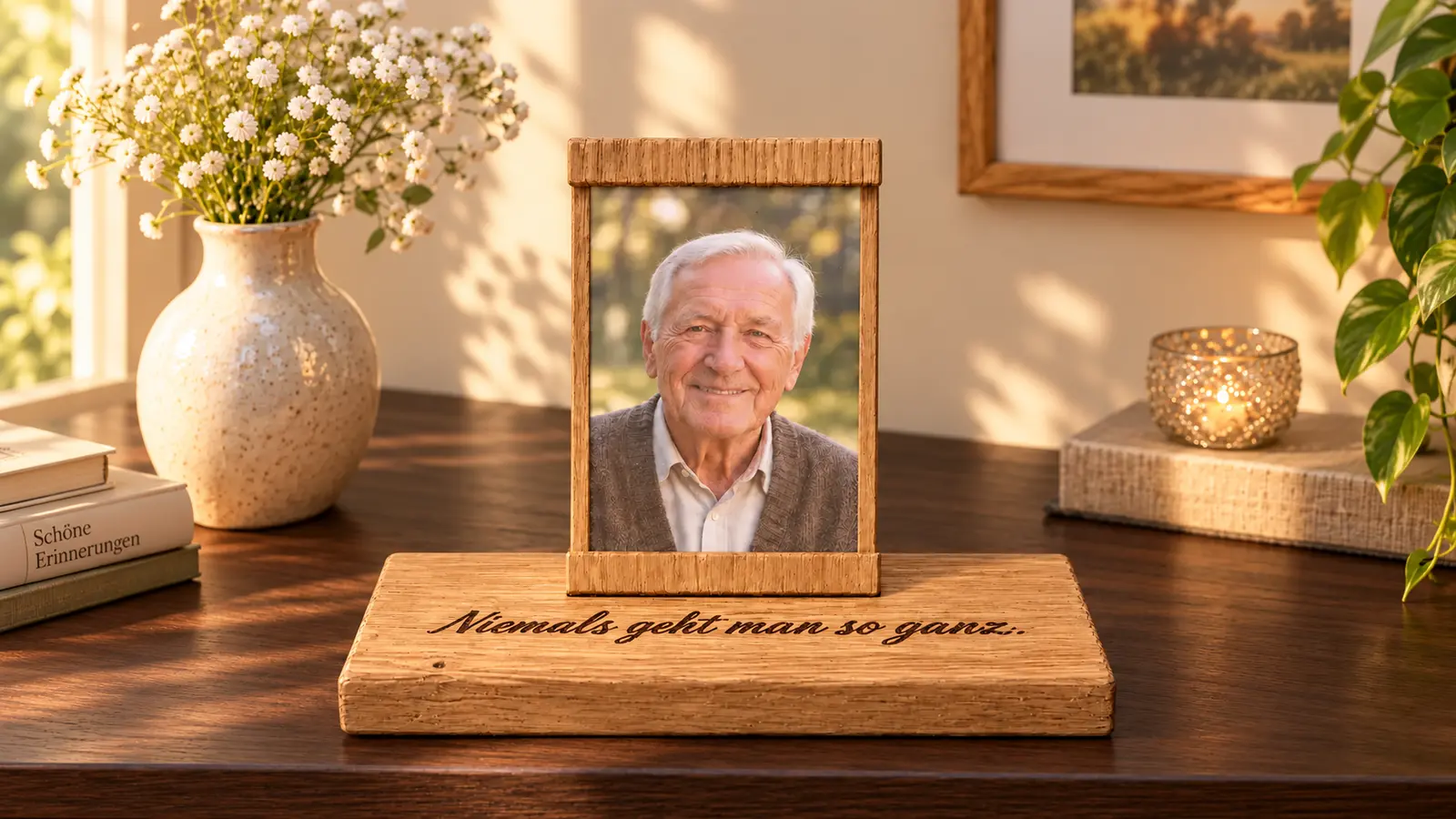 Aandenken van licht eikenhout met portret en leesbare gravure Niemals geht man so ganz op een donker dressoir