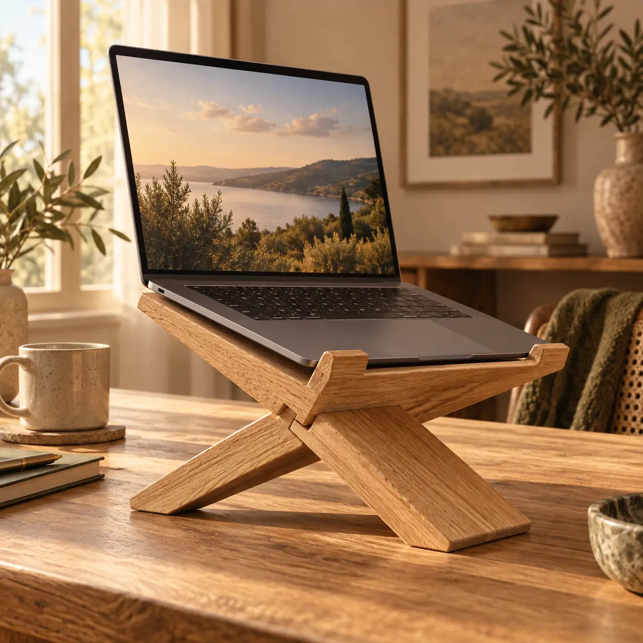 Laptop op een in elkaar te schuiven X-vormige eiken standaard op een bureau
