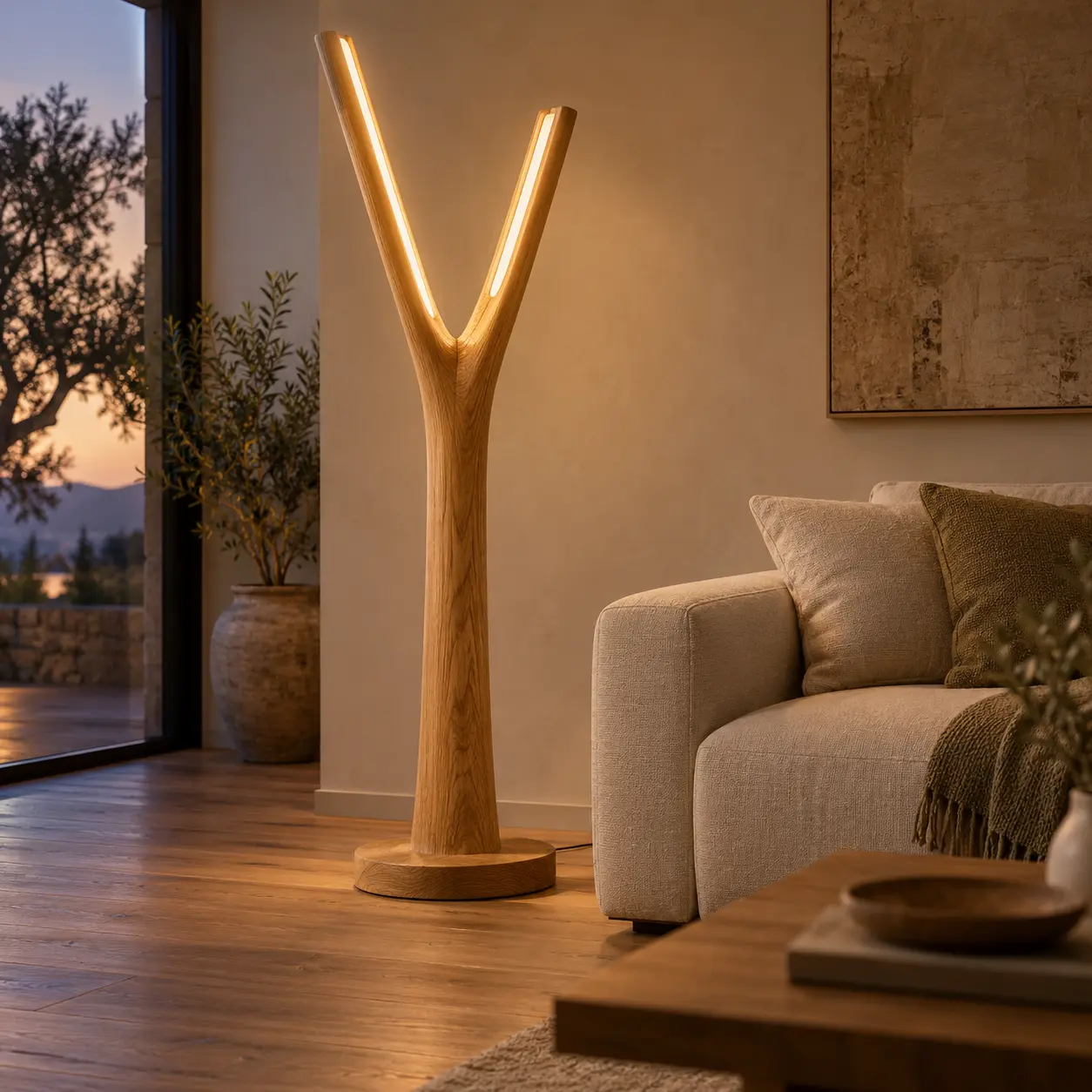 Vertakte LED-vloerlamp van eikenhout naast een bank in een woonkamer