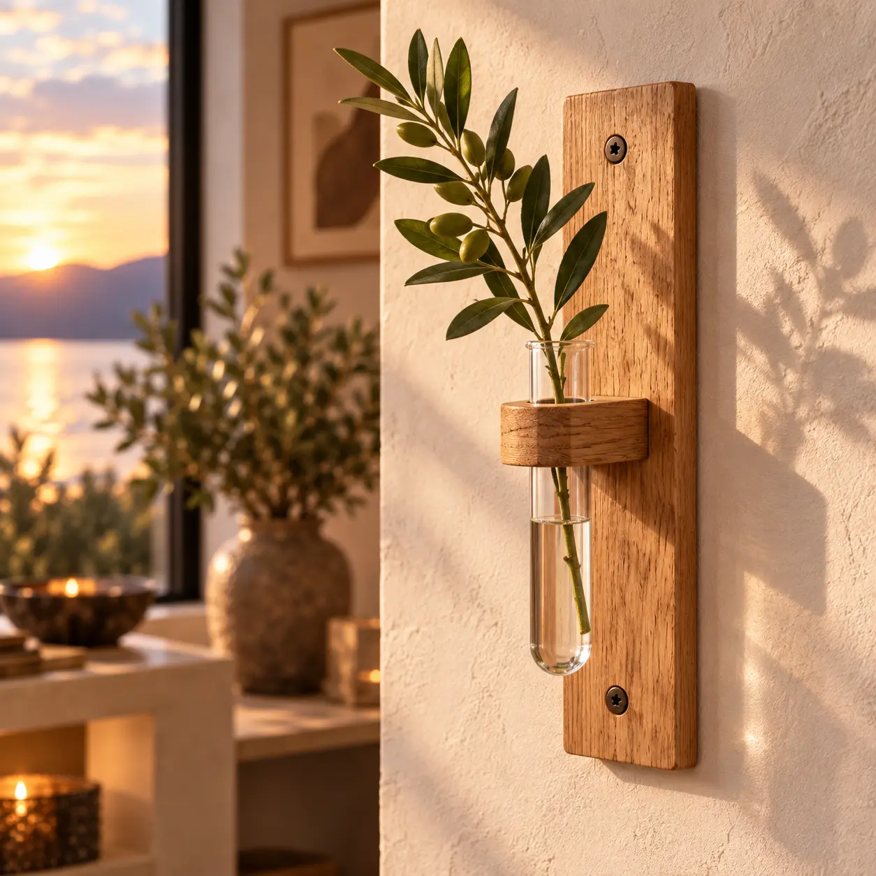Wandvaas met smalle eiken houder, uitneembaar glas en een plantensteel