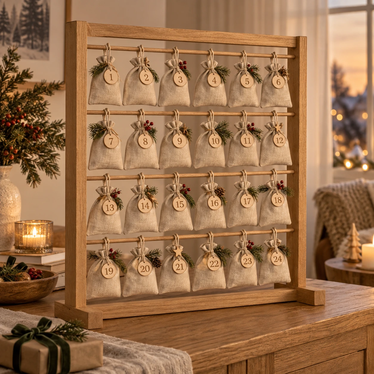 Adventskalender met eiken frame en 24 genummerde linnen zakjes