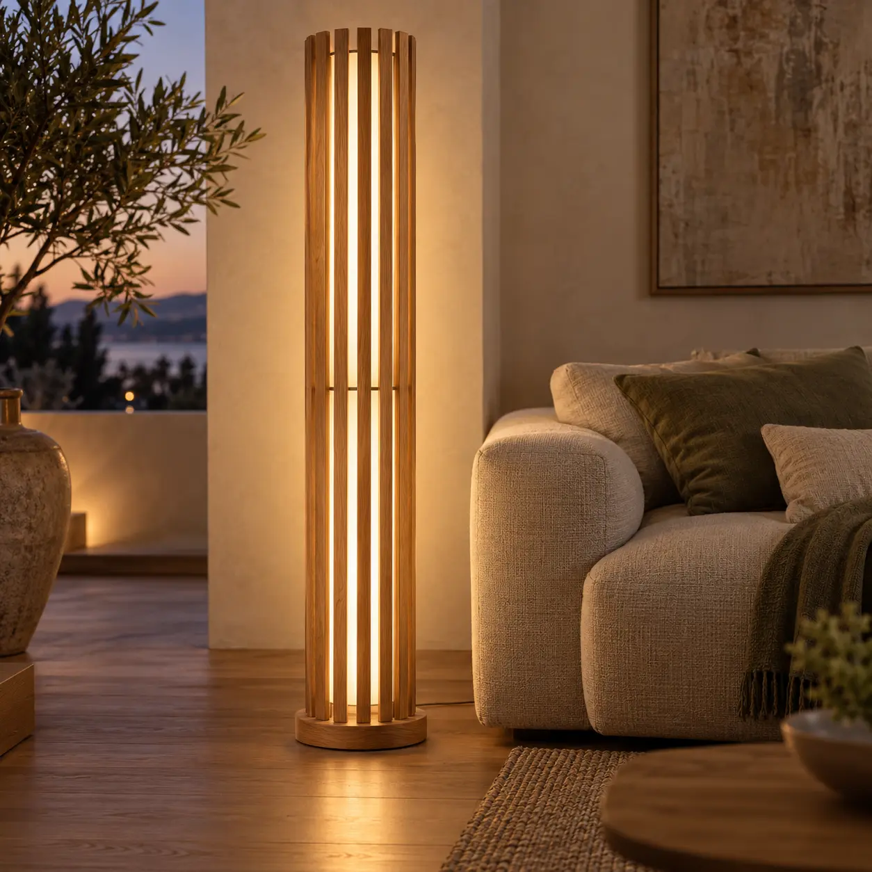 LED-vloerlamp met verticale eiken lamellen naast een bank in een woonkamer