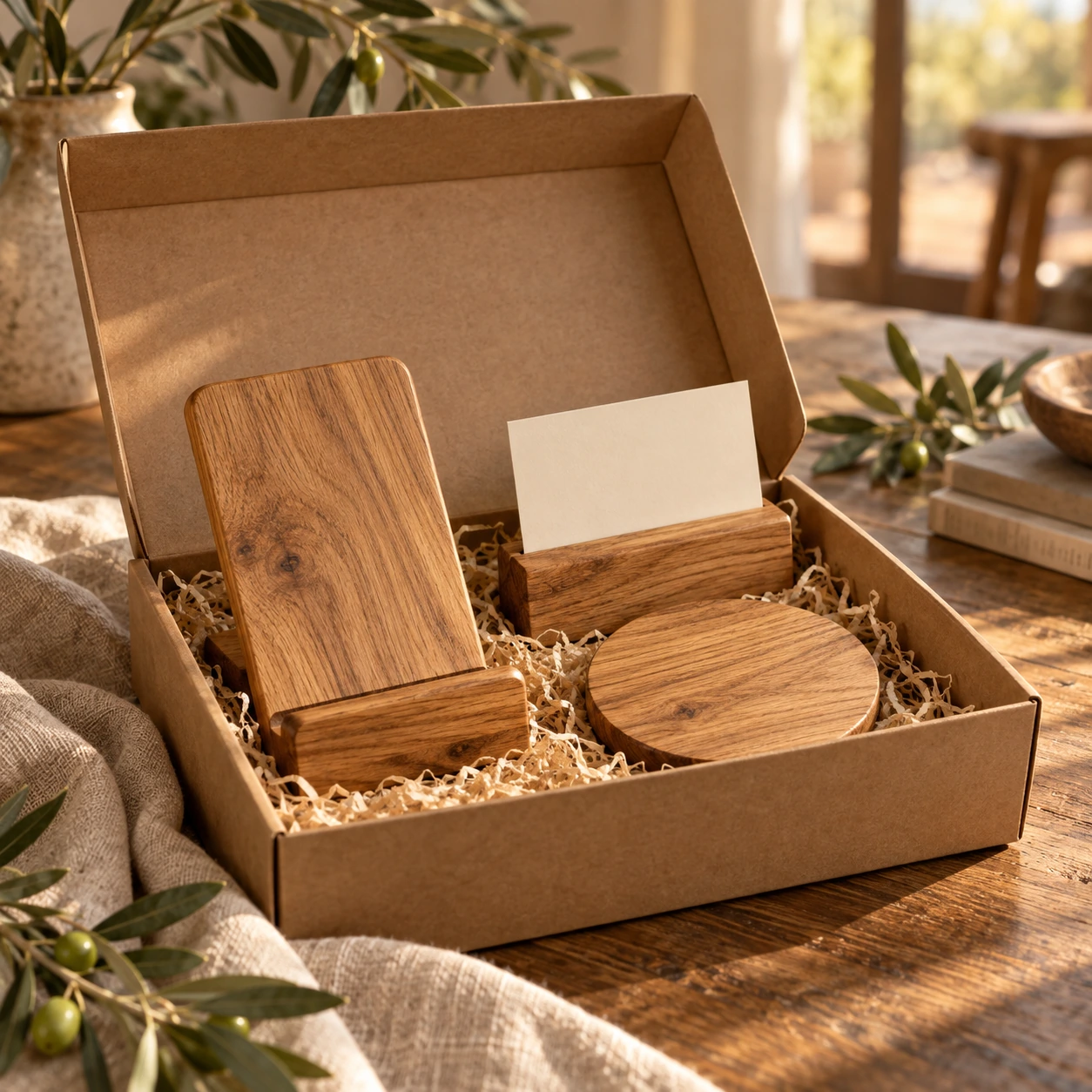 Geschenkdoos met eiken telefoonhouder, ronde onderzetter en kaarthouder