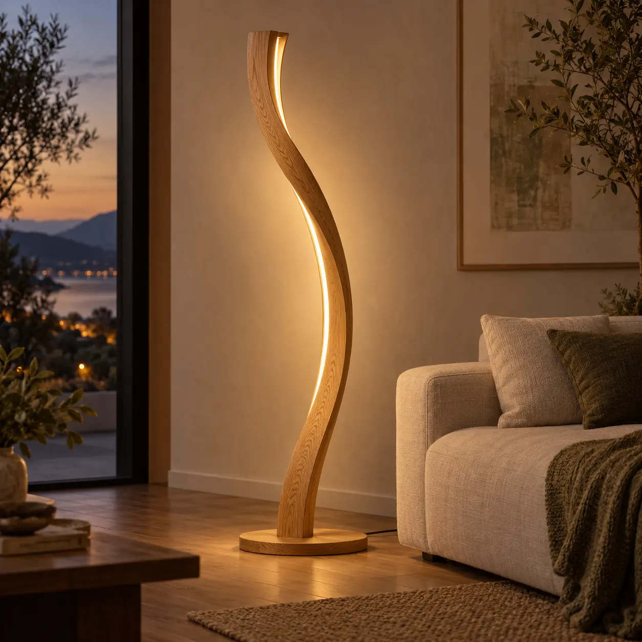 Gebogen LED-vloerlamp van eikenhout naast een bank in een woonkamer