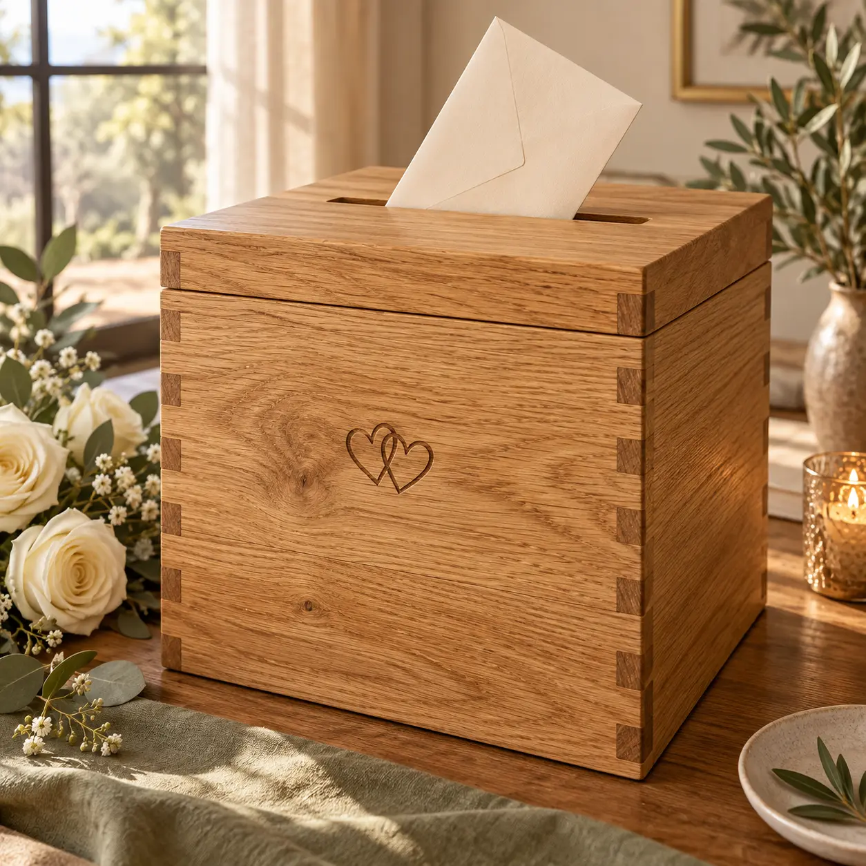 Eiken kaartenbox met gleuf, envelop en hartgravure naast witte rozen