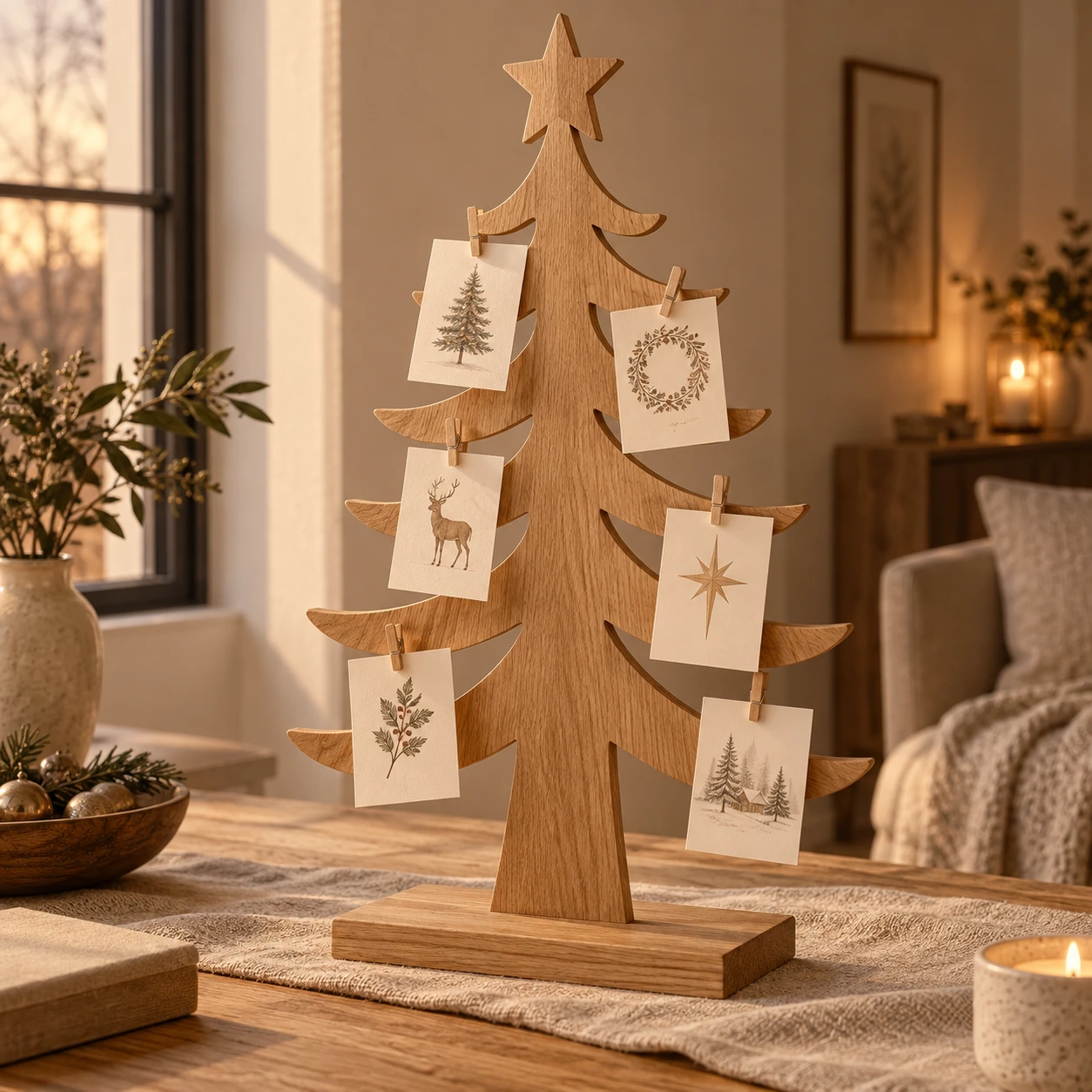 Boomvormige kaartenhouder van eikenhout met kerstkaarten