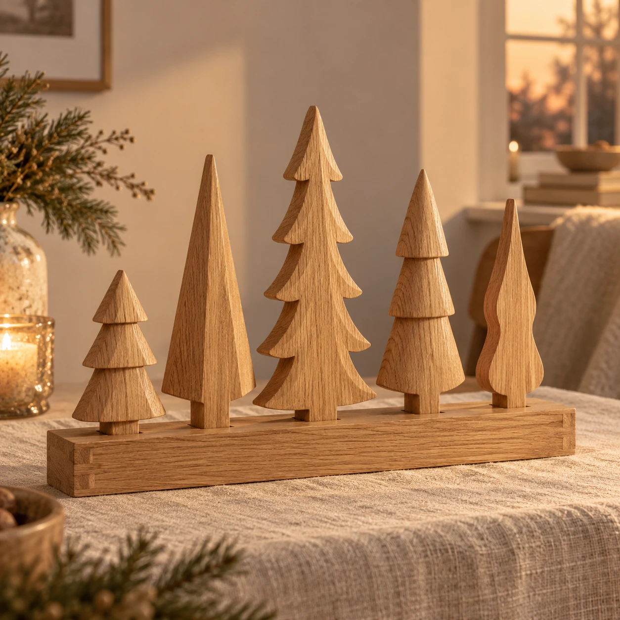 Vijf eiken kerstbomen van verschillende grootte als tafeldecoratie