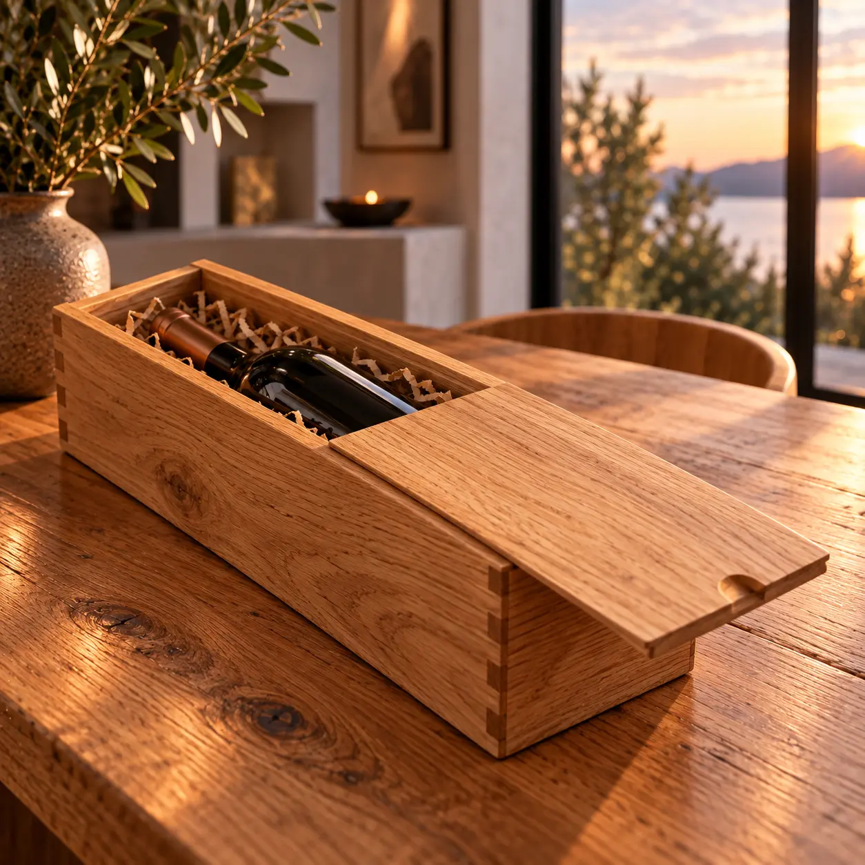 Flessencadeaubox van eikenhout met gedeeltelijk geopend schuifdeksel en wijnfles