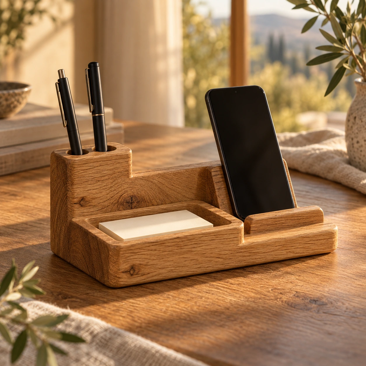 Eiken organizer met pennenvak, notitievak en smartphonehouder