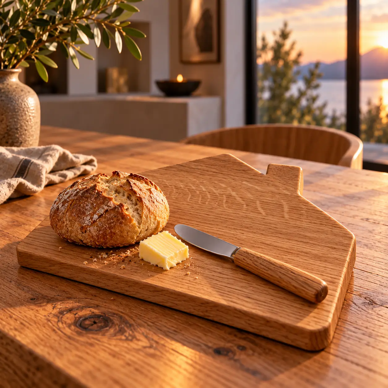 Ontbijtplank van eikenhout in huisvorm met broodjes