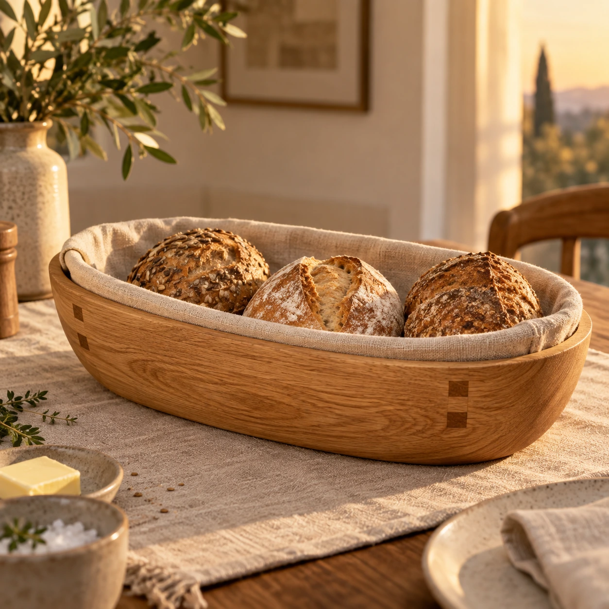Brood in een eiken schaal met lichte linnen inzet op een eettafel
