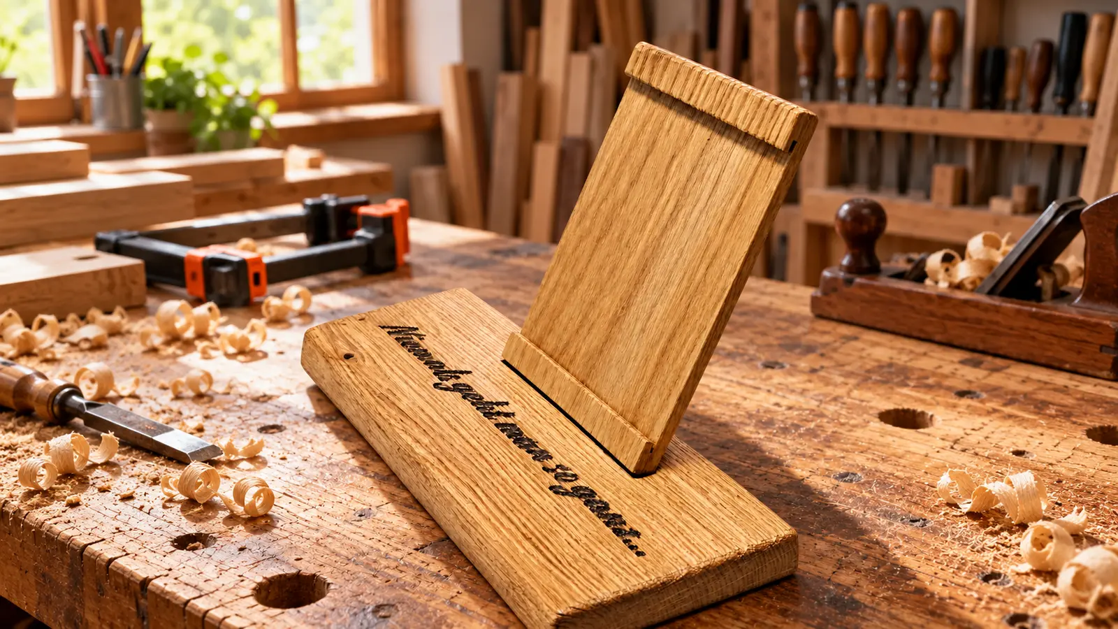 Eiken aandenken met houten houder en gravure Niemals geht man so ganz op een werkbank