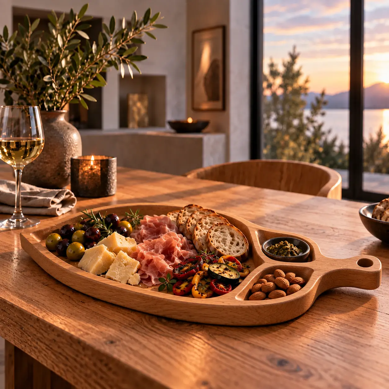 Bladvormige eiken serveerplank met steelgreep en gebogen vakken voor antipasti