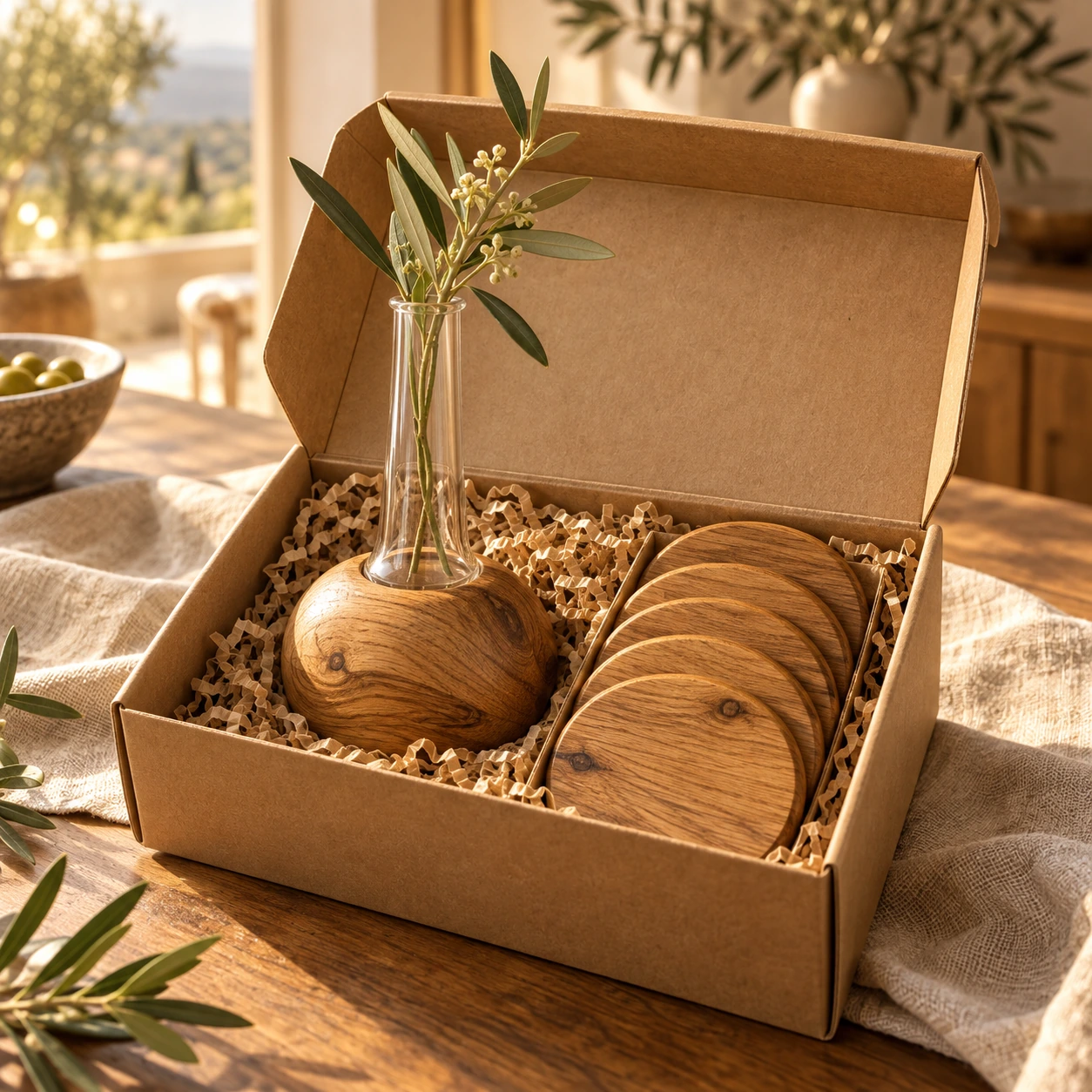 Open geschenkdoos met glazen vaas in een eikenhouten voet en vijf ronde houten onderzetters