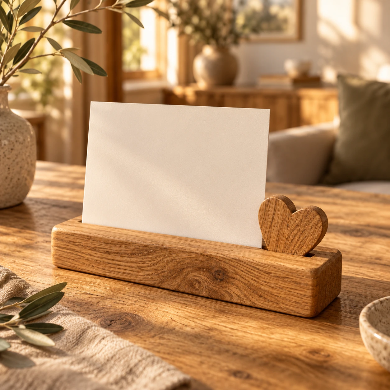 Eikenhouten voet met crèmekleurige fotokaart en een ingestoken houten hart