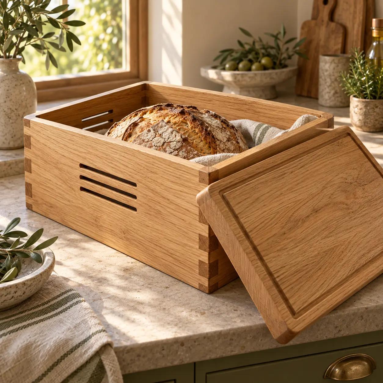 Open eiken broodtrommel met ventilatiesleuven, brood en het snijdeksel ernaast