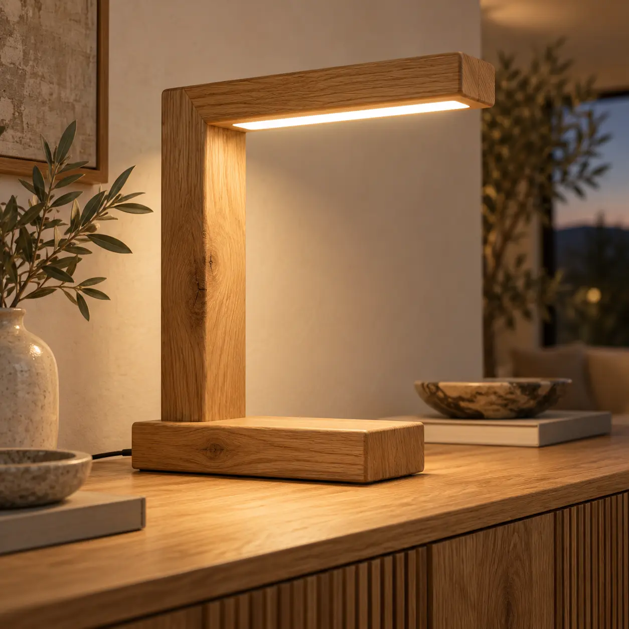 Hoekvormige LED-tafellamp van eikenhout op een eiken dressoir