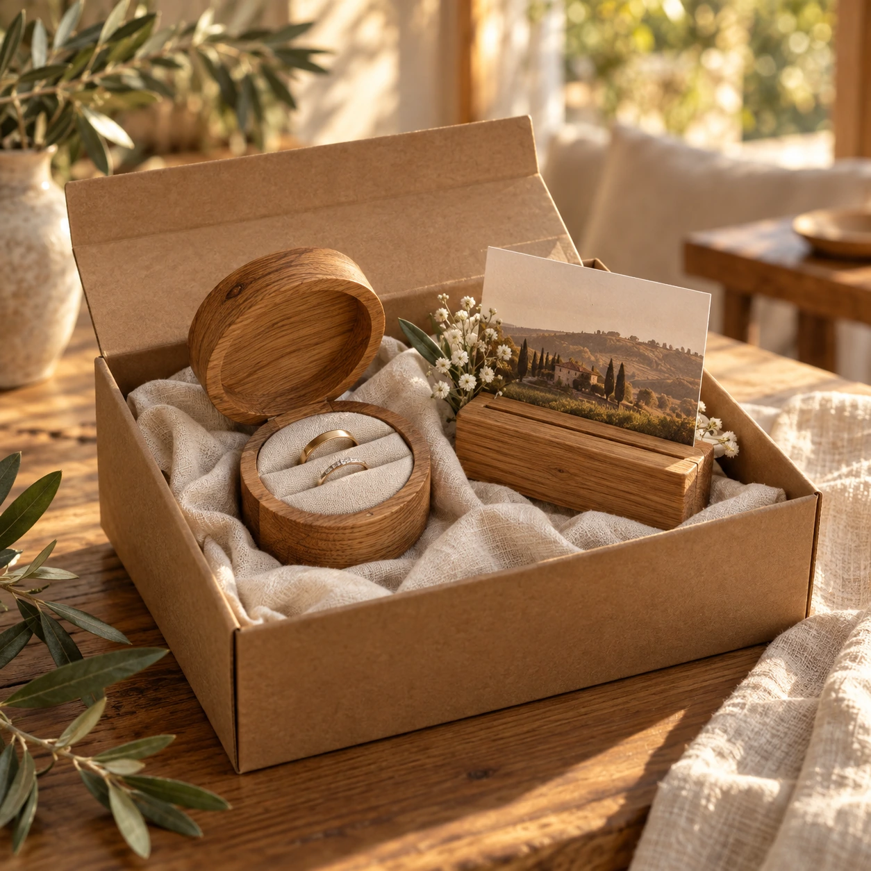 Geschenkdoos met rond eiken ringdoosje en fotohouder met landschapsfoto