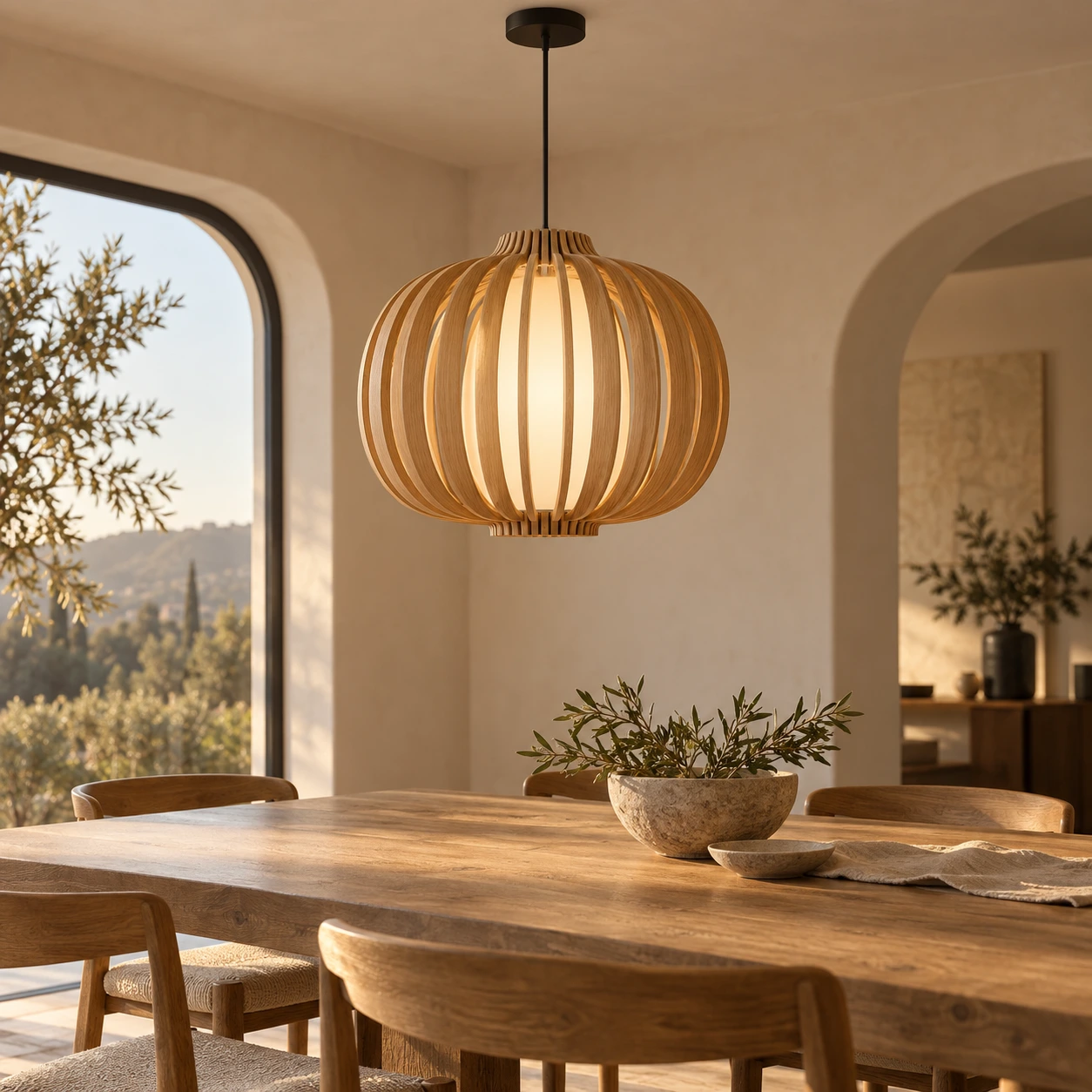 Afgeronde LED-hanglamp met eiken lamellen en opaal lichtlichaam