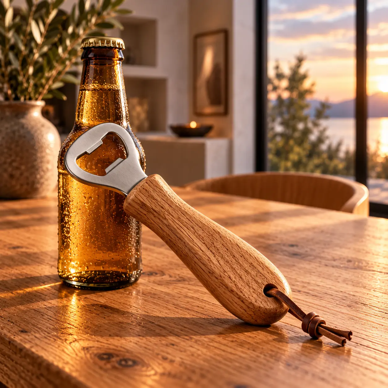 Flesopener met eiken handvat en metalen openerkop naast een drankfles