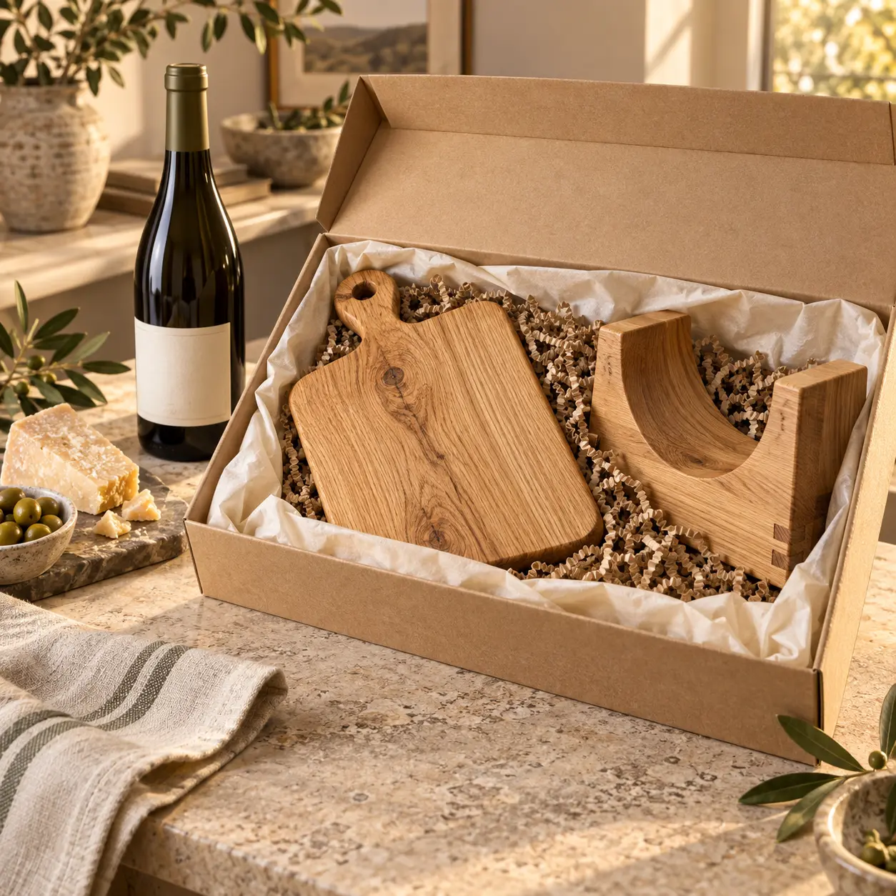 Open cadeaubox met kleine eiken plank en eiken flessenhouder; wijnfles buiten de box