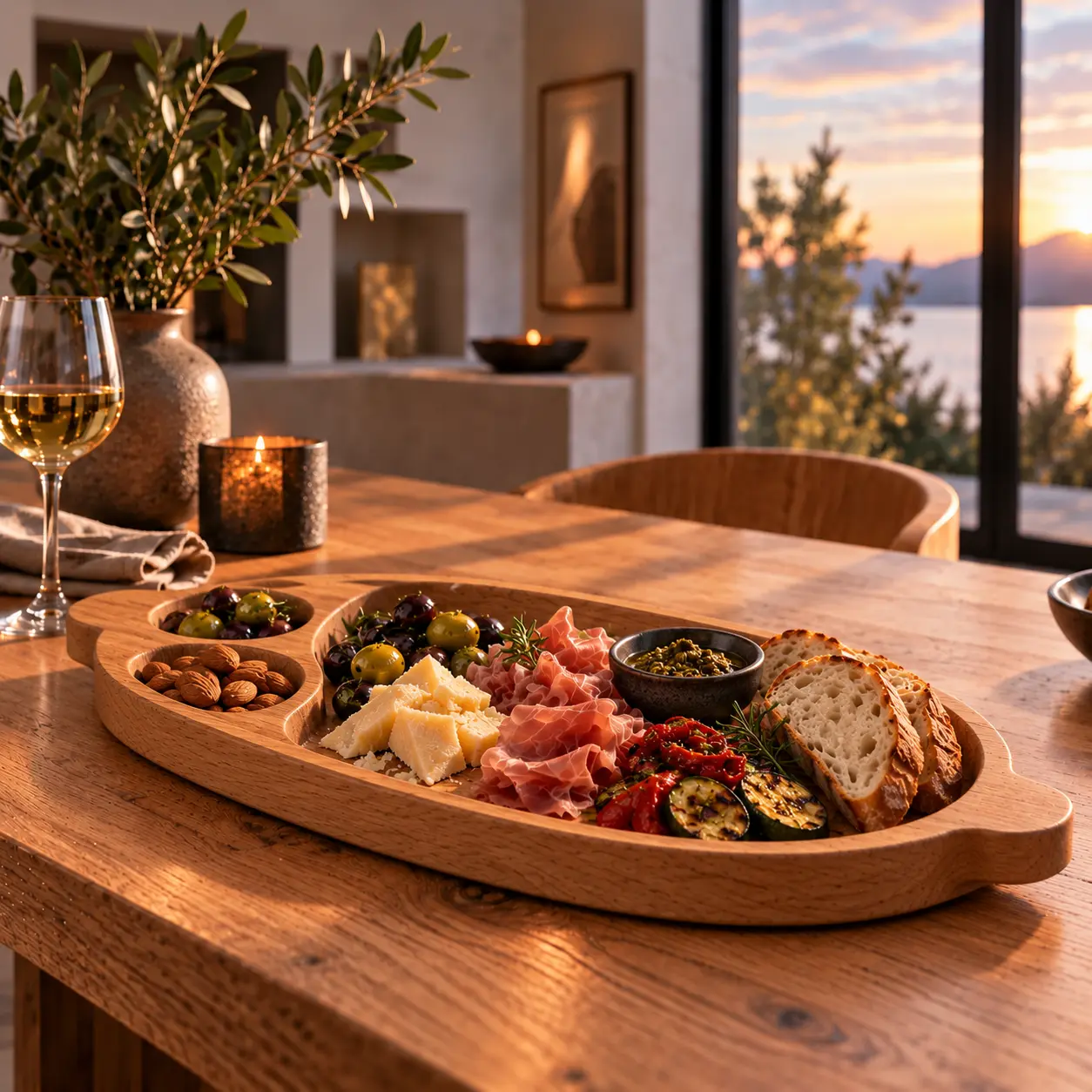 Ovale eiken serveerplank met twee houten handgrepen en antipasti op een warm verlichte eettafel