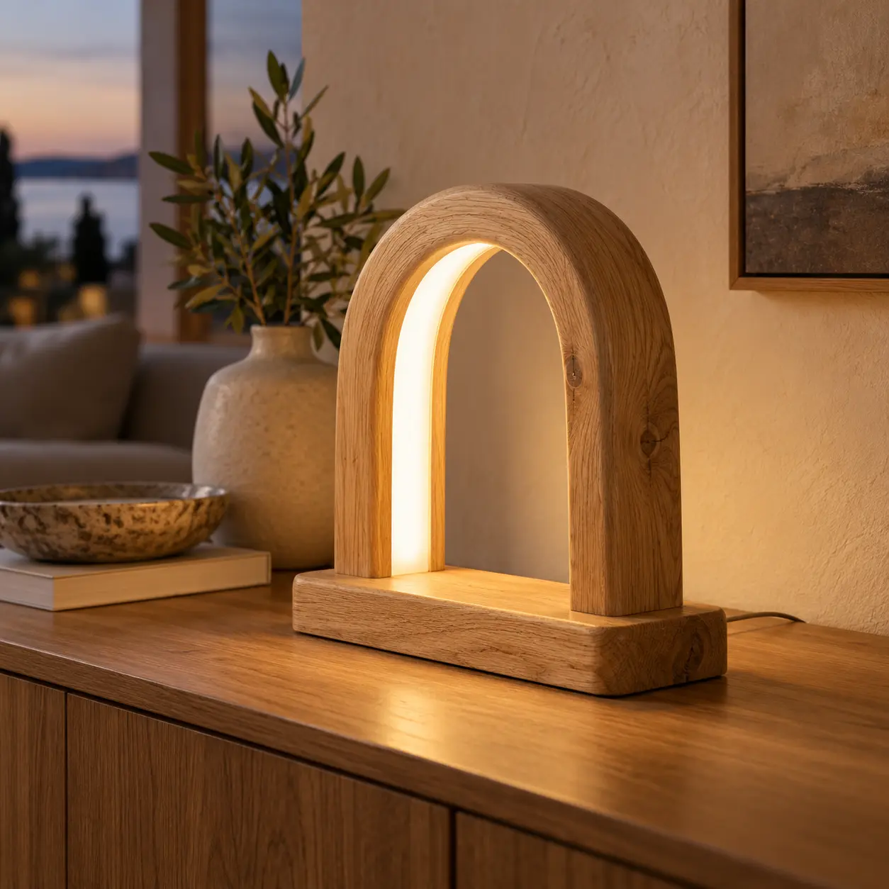 Boogvormige LED-tafellamp van eikenhout op een eiken dressoir