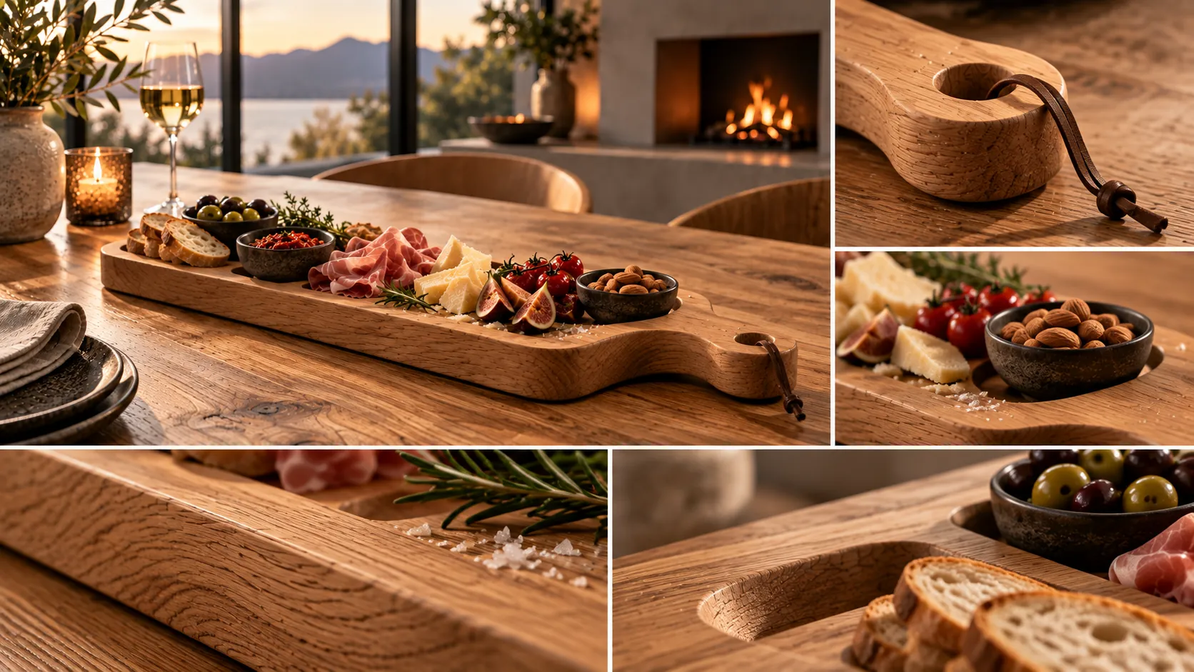 Collage van een lange eiken serveerplank met antipasti en detailbeelden van handvat, nerf, noten en olijven.