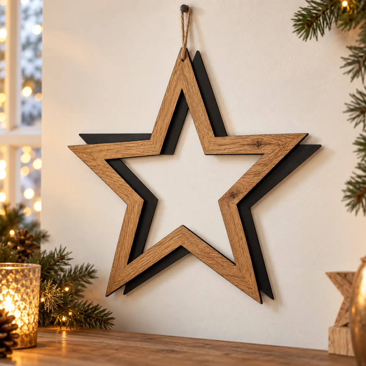 Verspringende sterframes met eiken voorkant en zwarte achtercontour