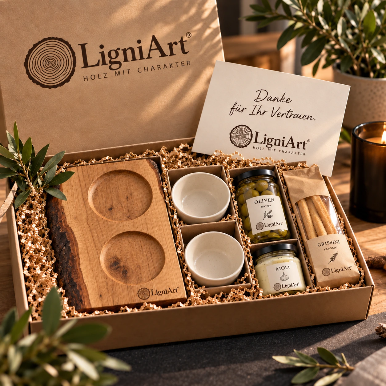 Open LigniArt-cadeaubox: Tapasduo met eikenhout en zorgvuldig gekozen extra's