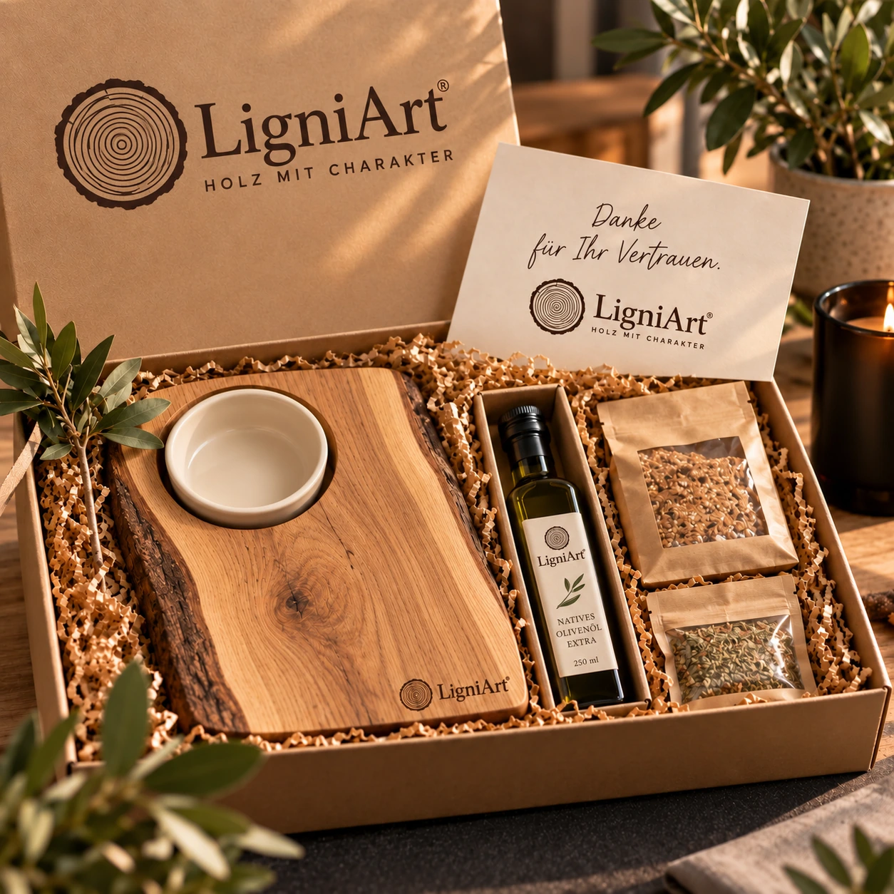 Open LigniArt-cadeaubox: Brood & goede olijfolie met eikenhout en zorgvuldig gekozen extra's