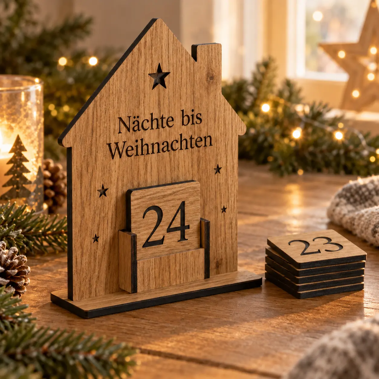 Huisvormige kerstcountdown met uitgesproken eikenfineer, zwarte randen en verwisselbaar cijfer 24