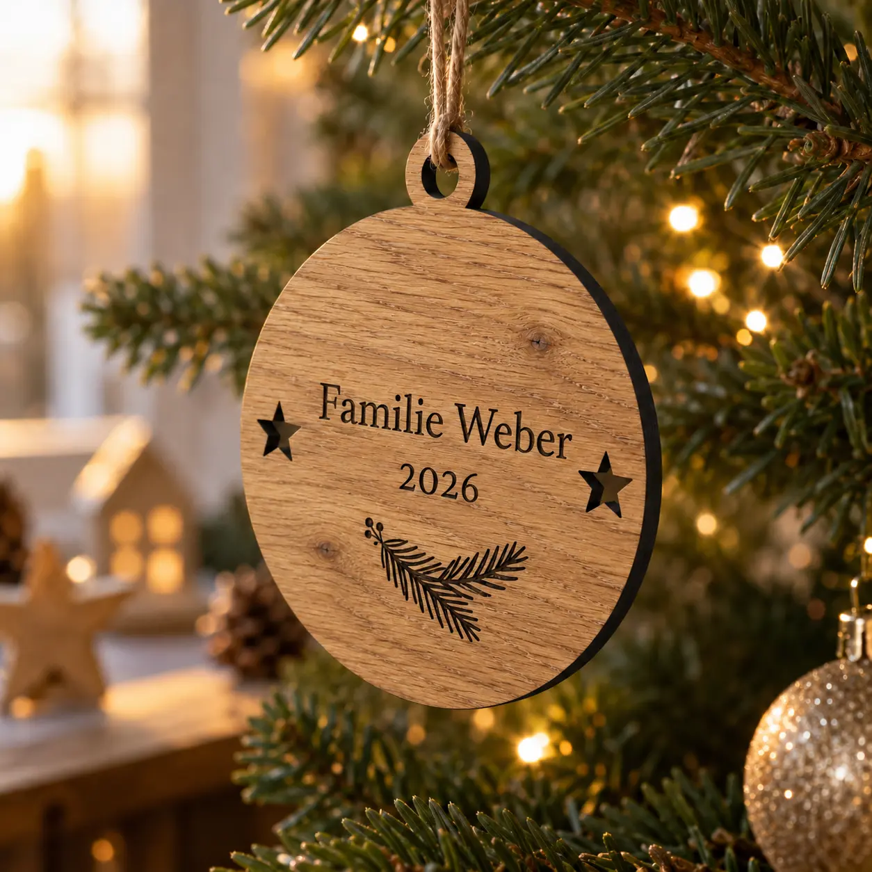 Ronde kersthanger met eiken houttekening, kleine noesten en de gravure Familie Weber 2026
