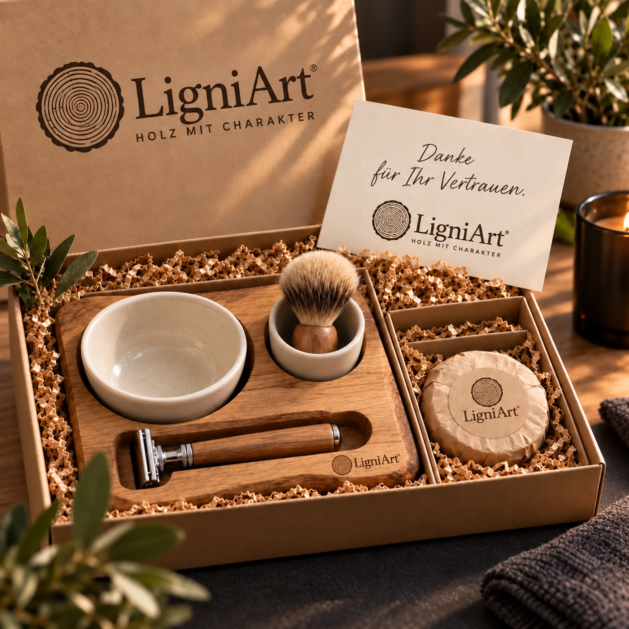 Open LigniArt-cadeaubox: Het persoonlijke verzorgingsritueel met eikenhout en zorgvuldig gekozen extra's