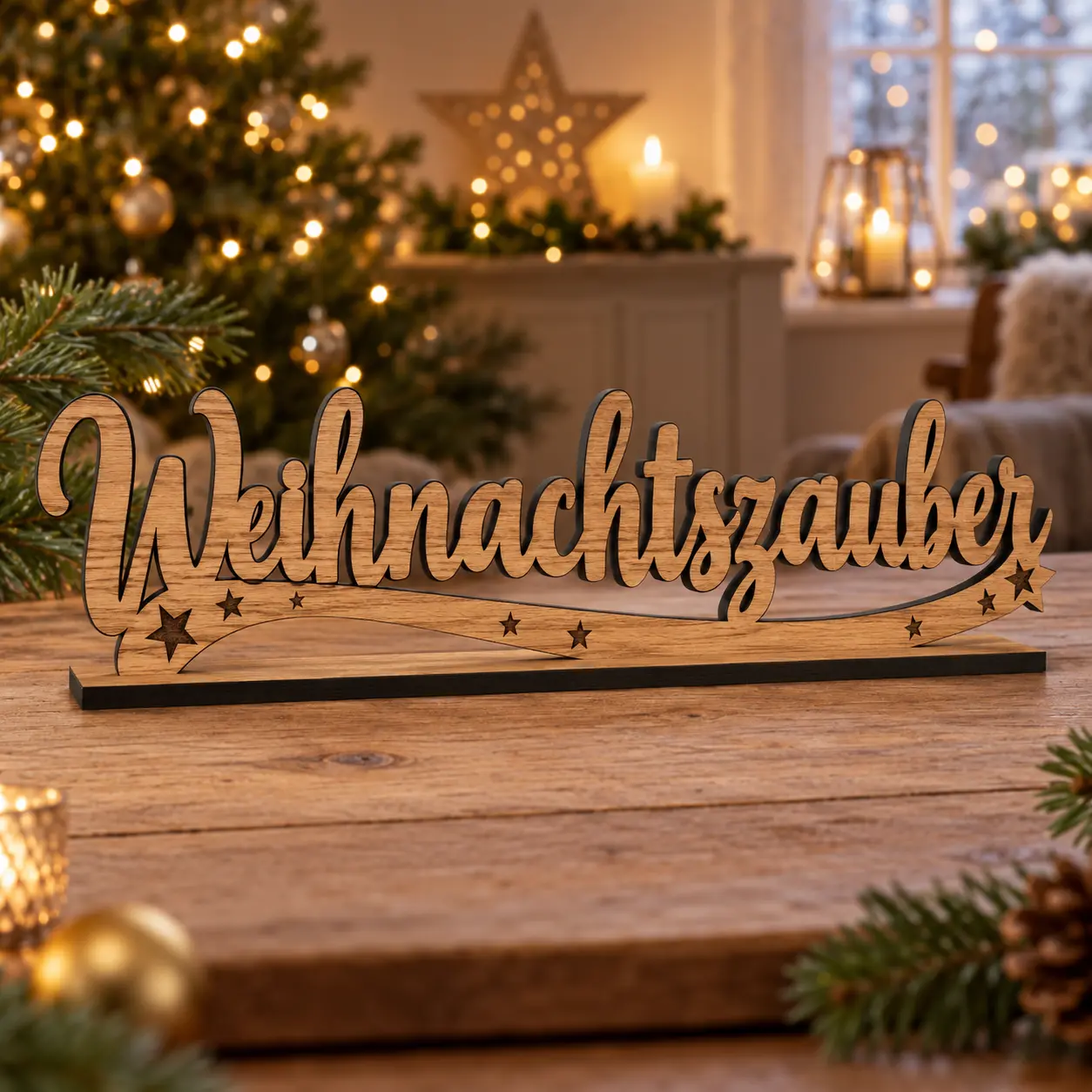 Staande tekst Weihnachtszauber van eikenfineer met zwarte snijranden