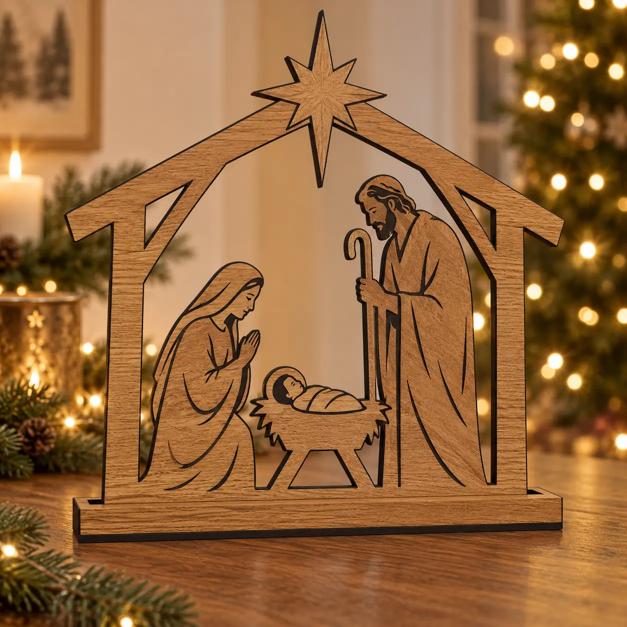 Kersttafereel met Maria, Jozef en de kribbe in een stalframe van eikenfineer
