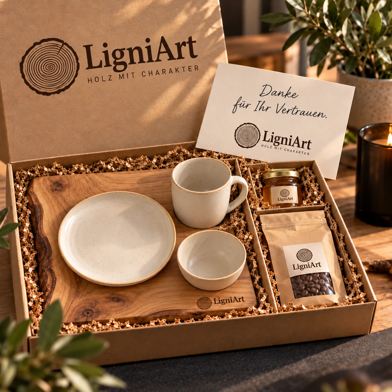 Open LigniArt-cadeaubox: Het verwenontbijt met eikenhout en zorgvuldig gekozen extra's