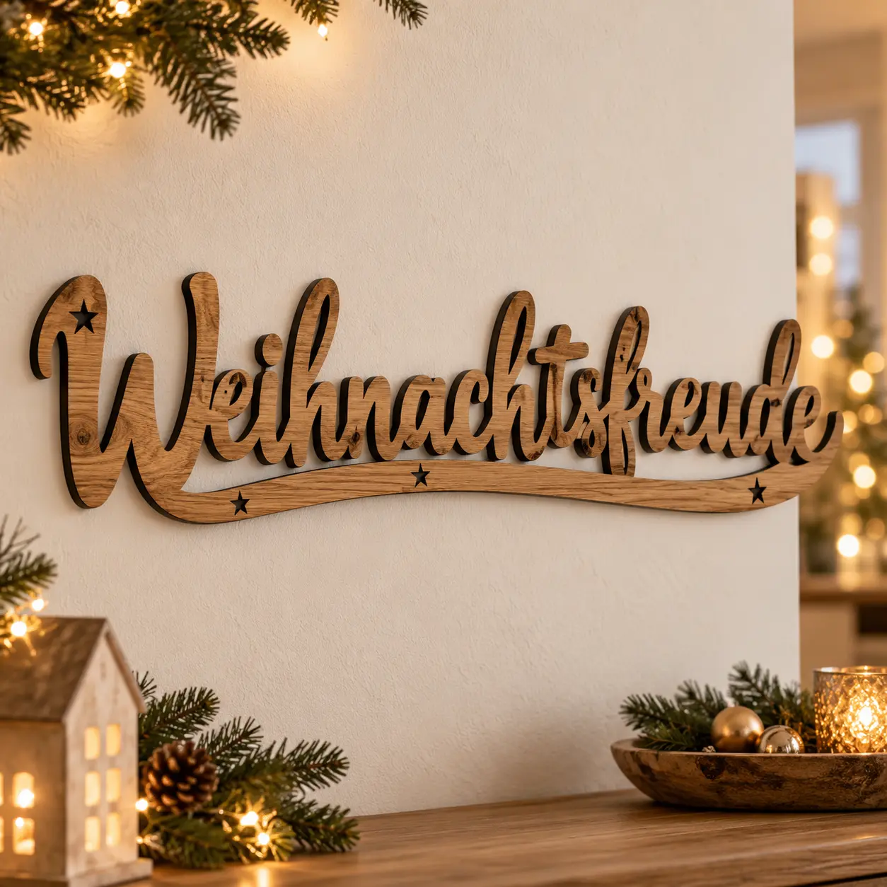 Lasergesneden tekst Weihnachtsfreude met eiken houttekening en zwarte randen