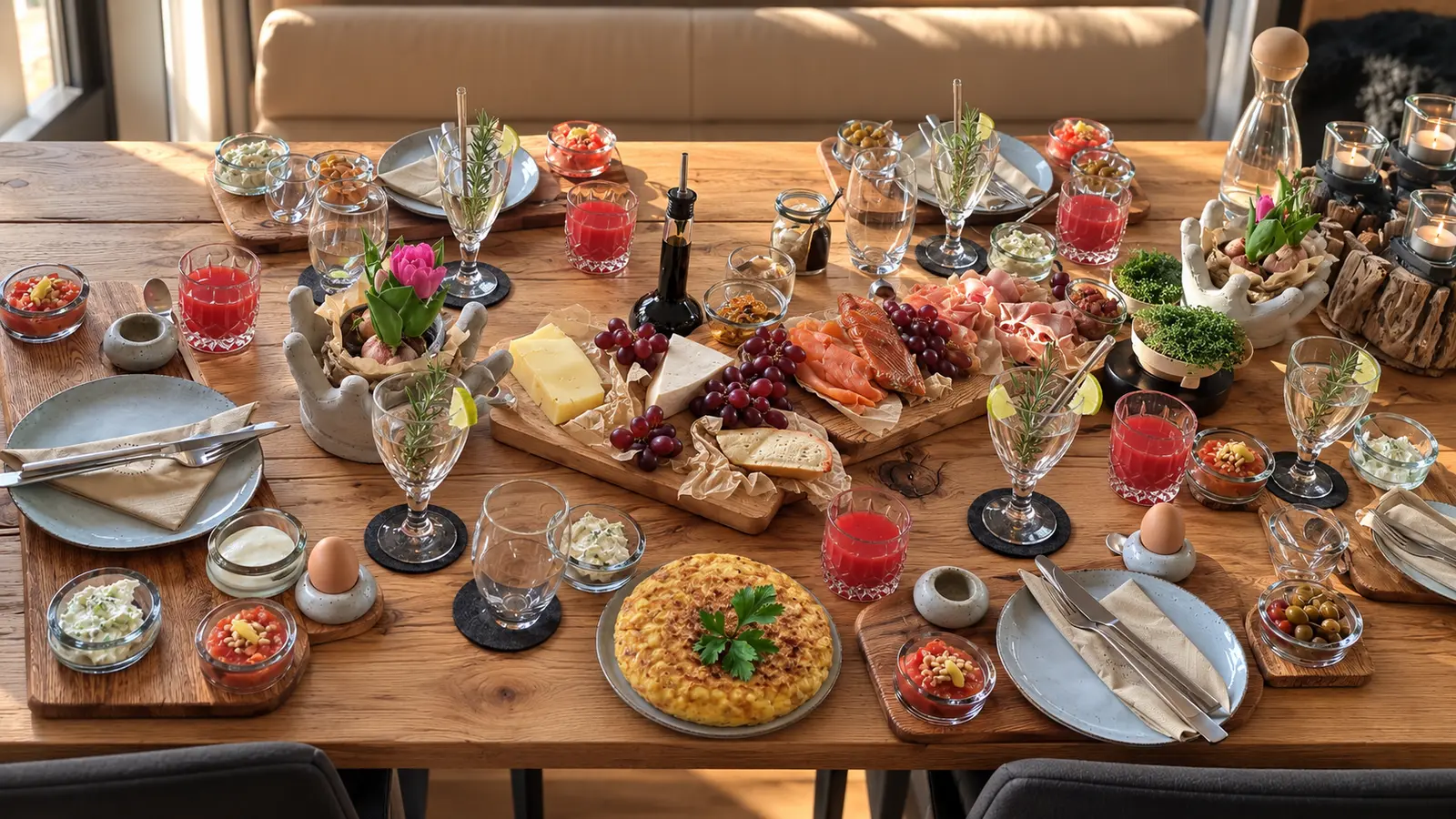 Gedekte eiken tafel met tapasplanken, grijze borden, kleine glazen schaaltjes en bloemen